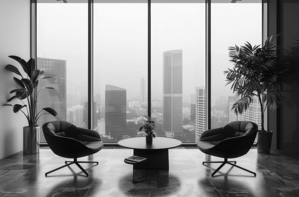 An empty meeting room with tall windows