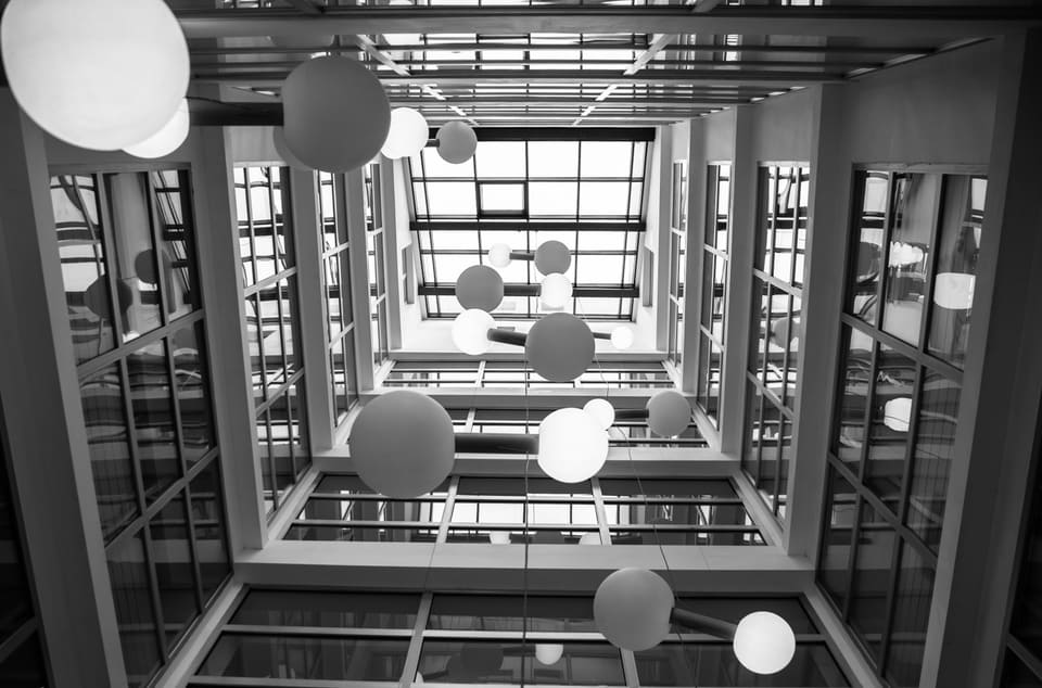 A long corridor of glass and steel