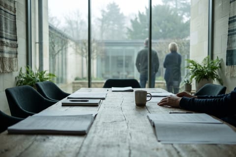 An empty meeting room with papers at five places