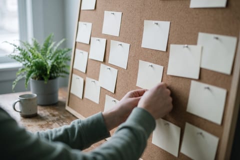 A cork board covered in pinned blank index cards