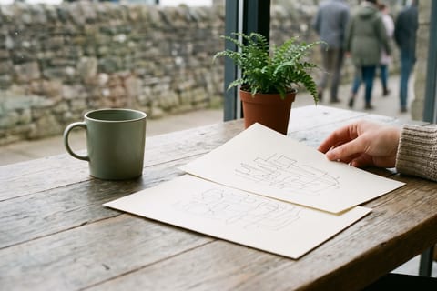 Two overlapping printed documents on a pale table