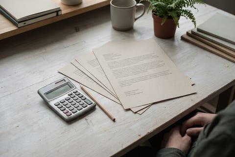 A calculator and pencil on loose printed sheets, from above