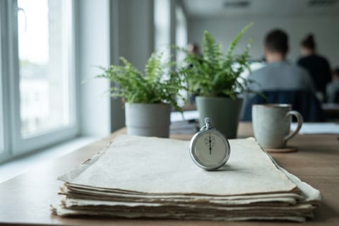 A mechanical stopwatch resting on a stack of paper